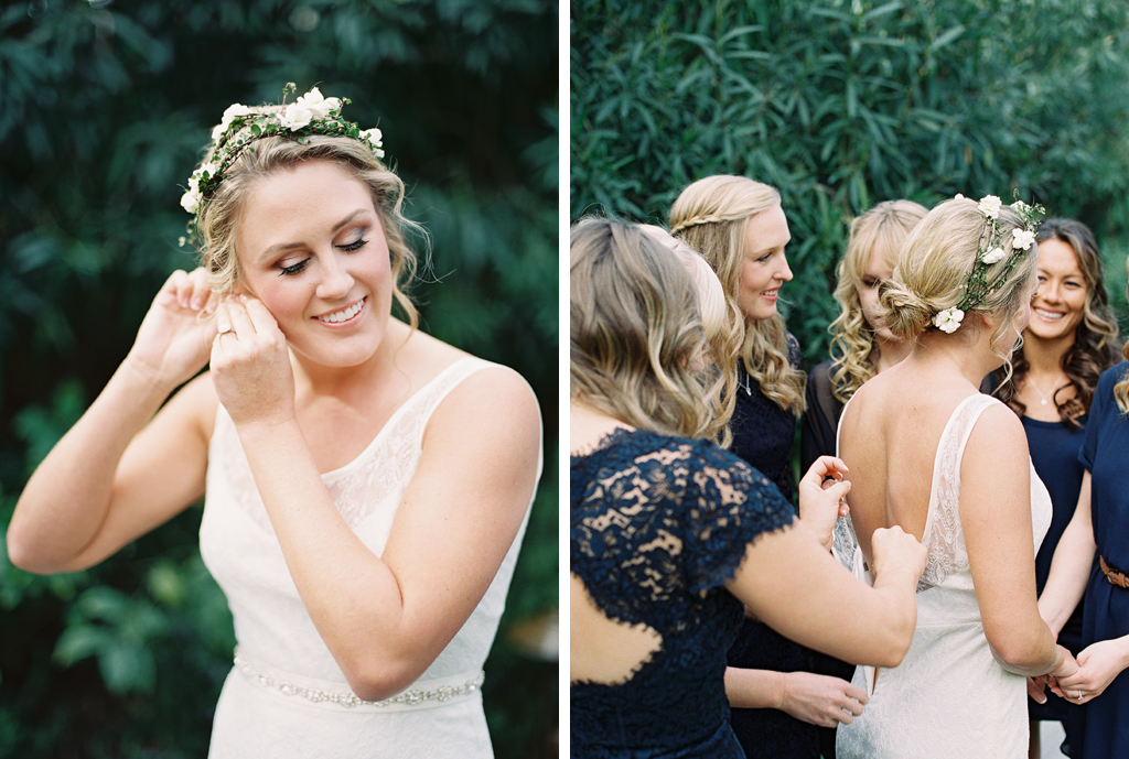 2 photos of a bride getting ready on her wedding day in La Jolla