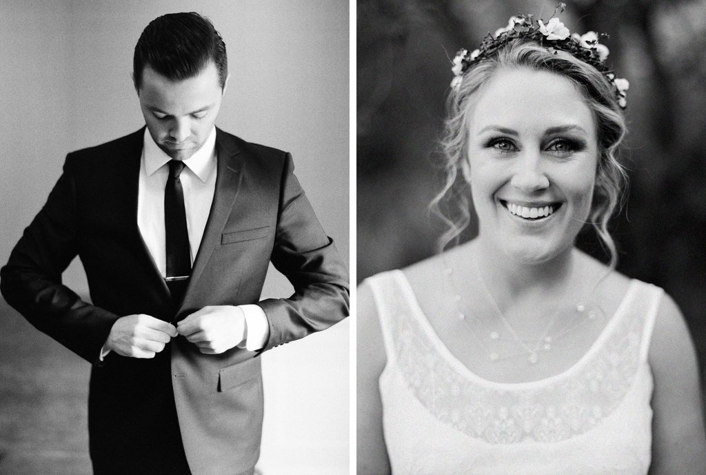 two black and white film portraits of a bride and her groom