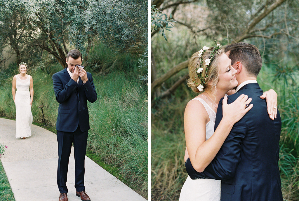two photos of a bride and groom during their first look at their La Jolla wedding