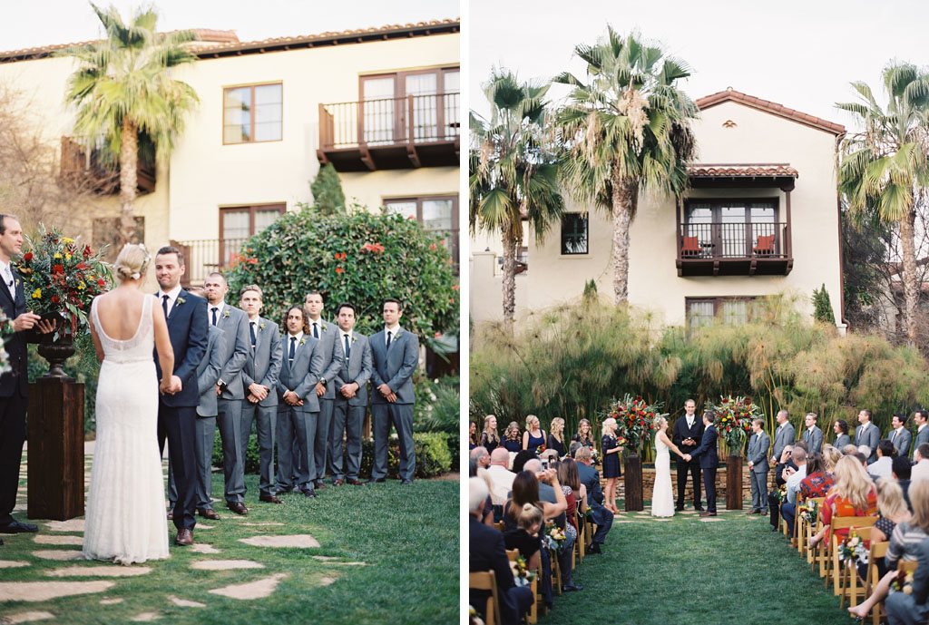 two photos of a bride and groom during their wedding ceremony at the estancia in la jolla california
