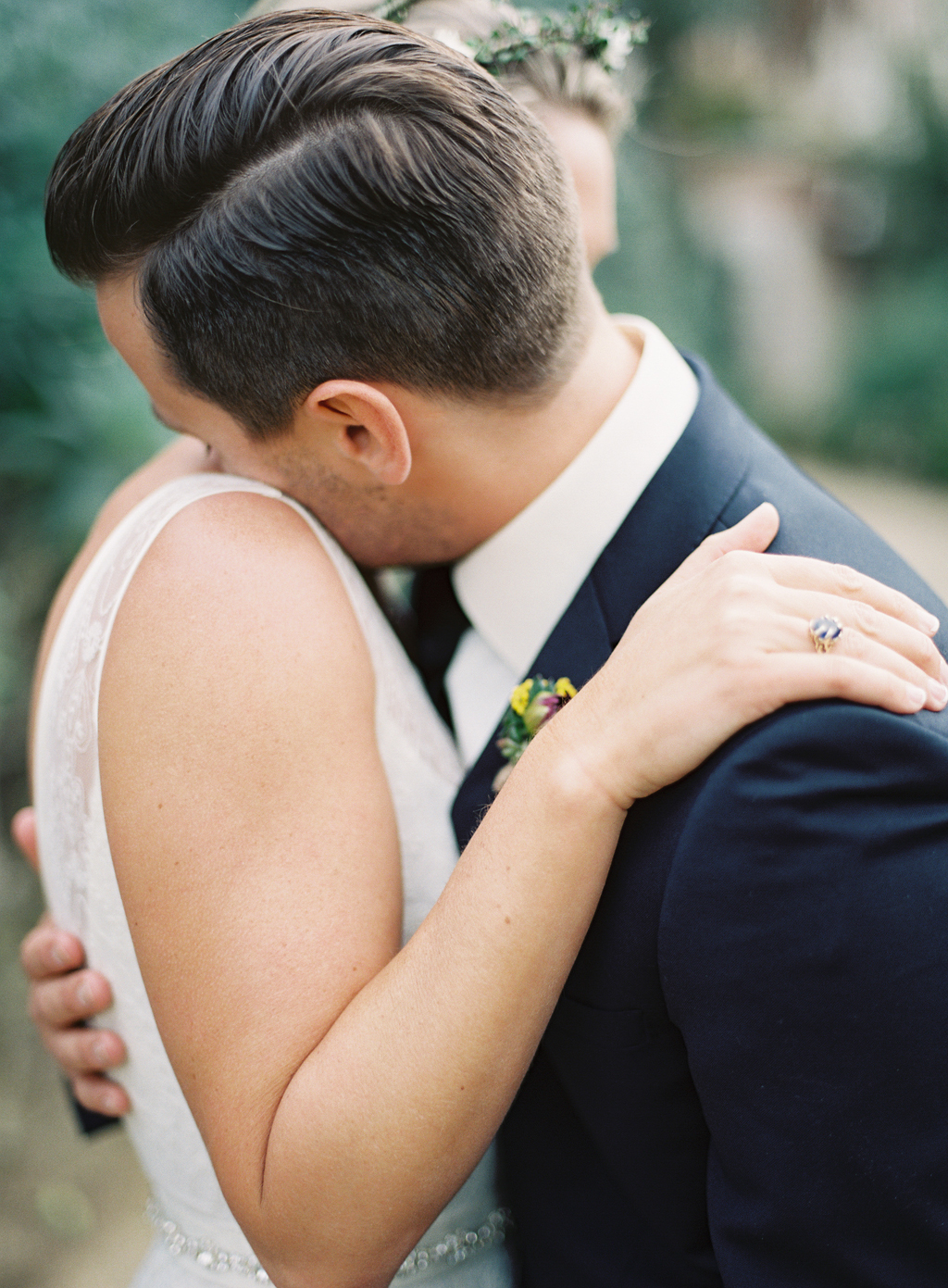 emotional film portrait of bride and groom at their southern california wedding