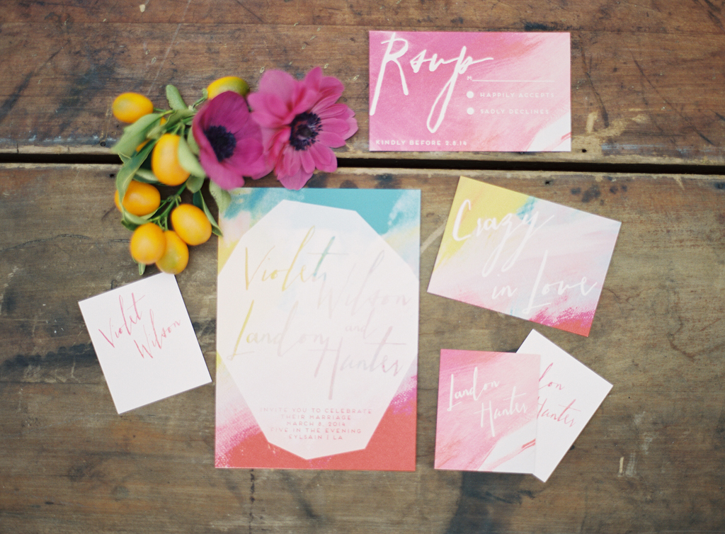 colorful wedding invites by hello gem events