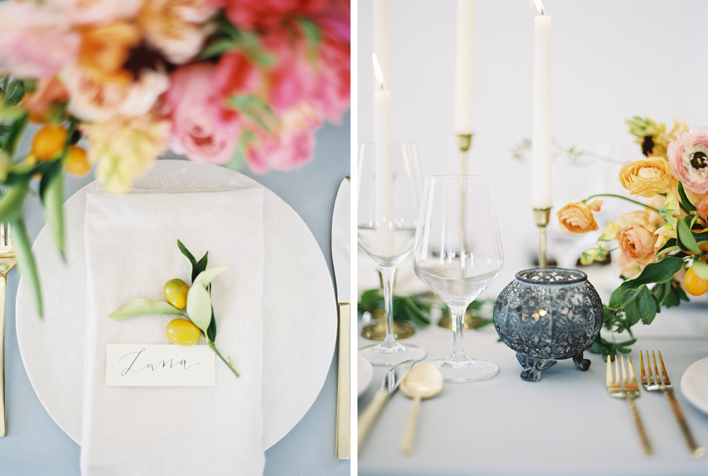 2 photos of a wedding table and details of a place setting