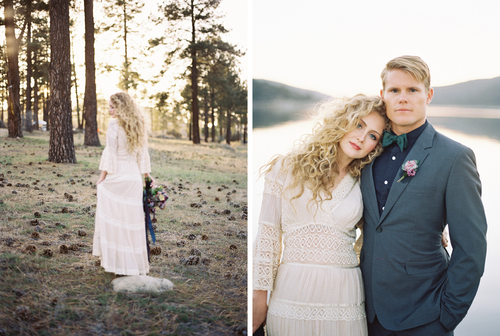 two photographs of bride with groom on their wedding day in the mountains near palm springs, California
