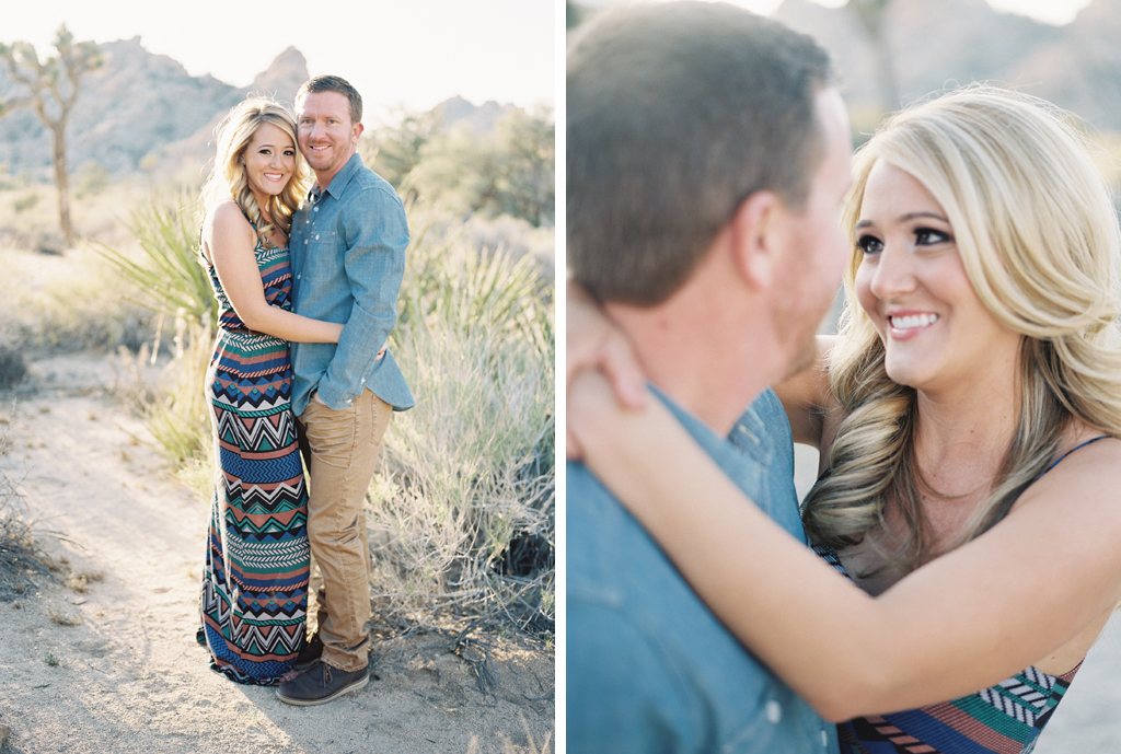 a newly engaged couple posing in Joshua Tree during their engagement session with michael radford photography
