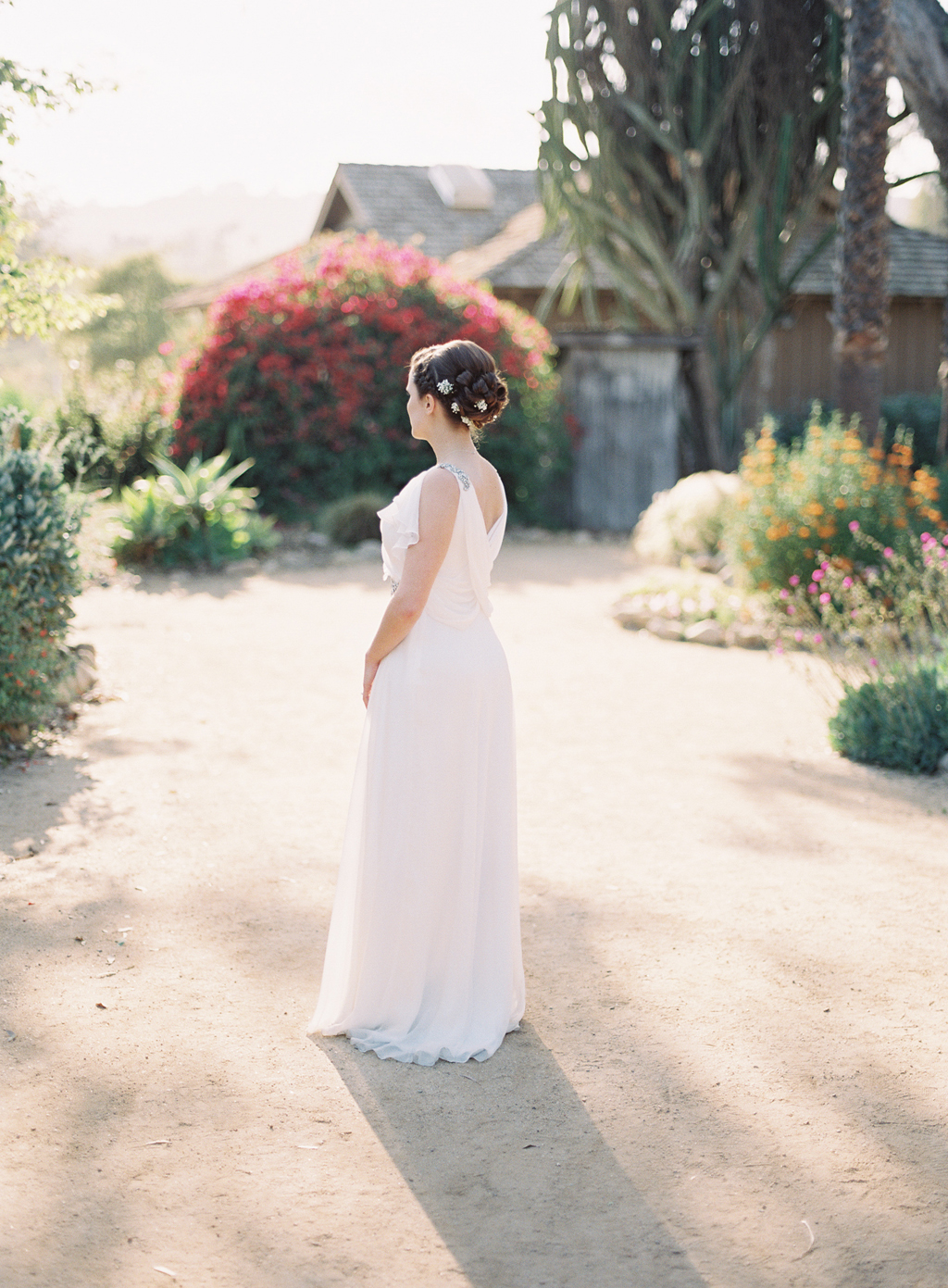 a film photography image of a bride on her wedding day in orange county