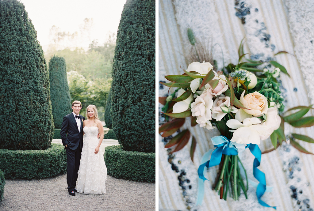 bride and groom portraits on film in bealieu gardens and a photo of a bouquet by shotgon floral studio