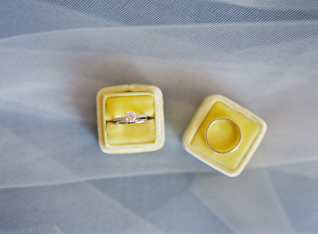 a film photograph of wedding rings in a Mrs. Box 