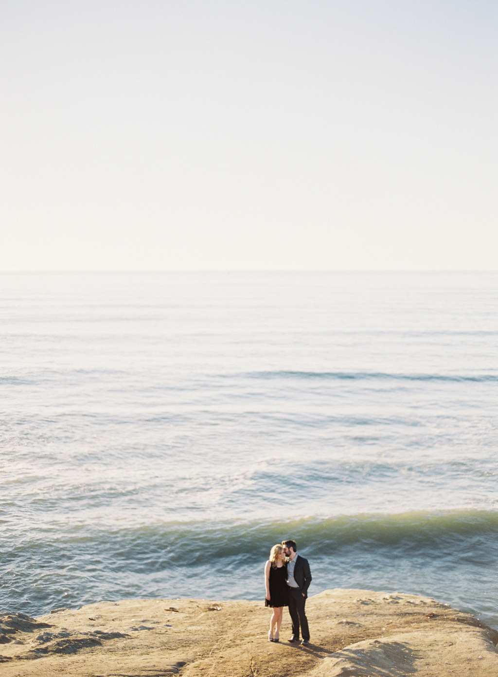 a light filled coastal engagement in southern california captured on film photography.