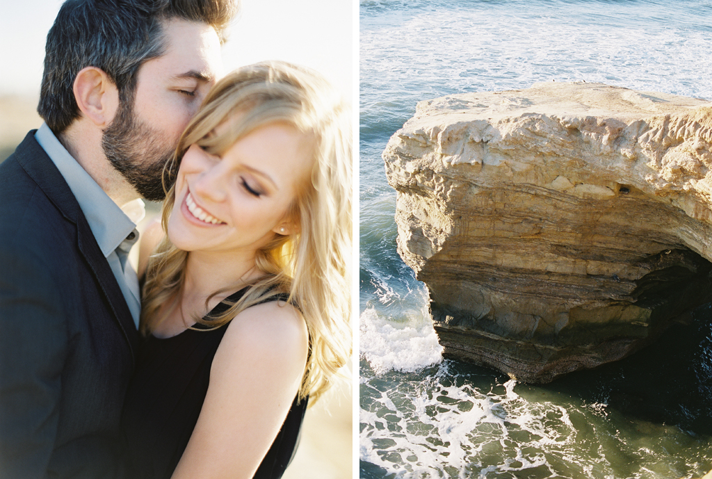 a newly engaged couple poses along the california coast with their film photographer.