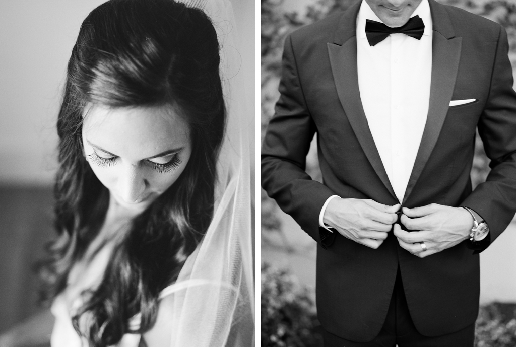 black and white film photographs of a bride and groom getting ready on their wedding day in Napa, California.
