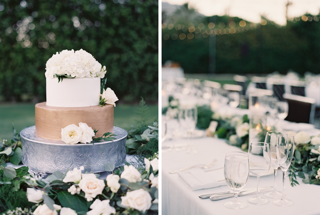 a wedding cake and table photo from a wedding in Southern California.